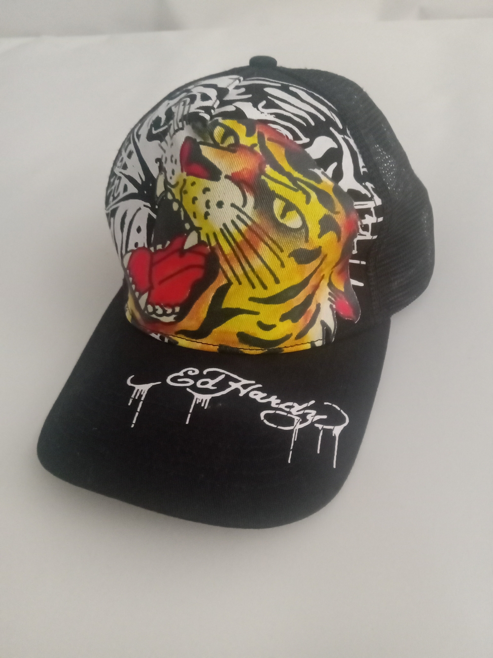 Ed Hardy Black Mesh Trucker Cap with Yellow and Red Tiger Graphic Y2K